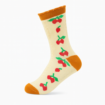 Vintage Cherry Blossom Crew Socks Brown | Retro Fruit Print