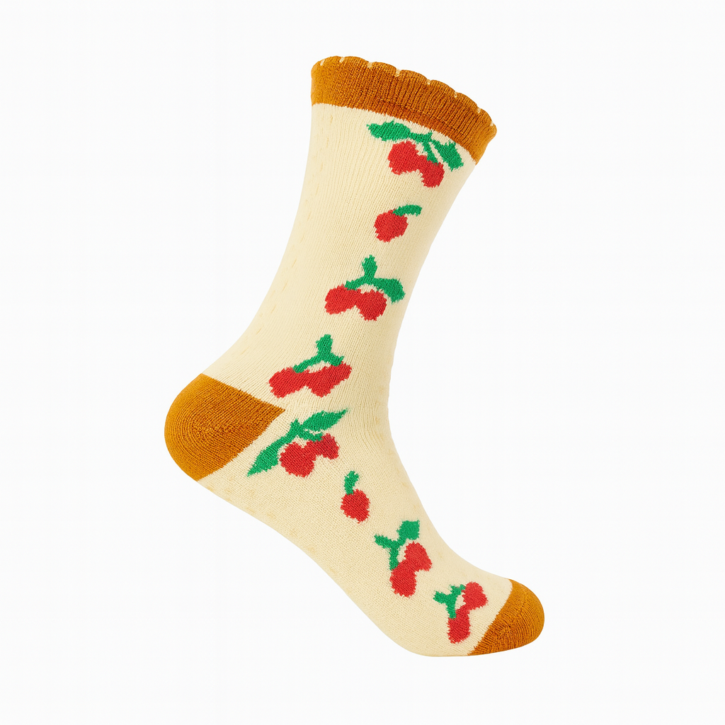 Vintage Cherry Blossom Crew Socks Brown | Retro Fruit Print