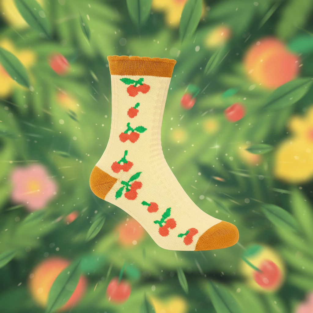 Vintage Cherry Blossom Crew Socks | Retro Fruit Print
