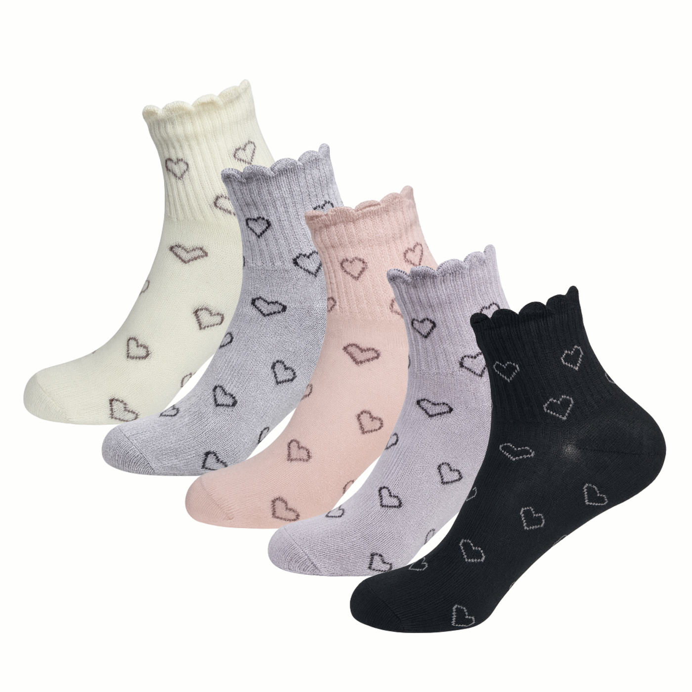 5-Pack Women's Romantic Ruffle Heart Crew Socks - Cozy Cotton Blend