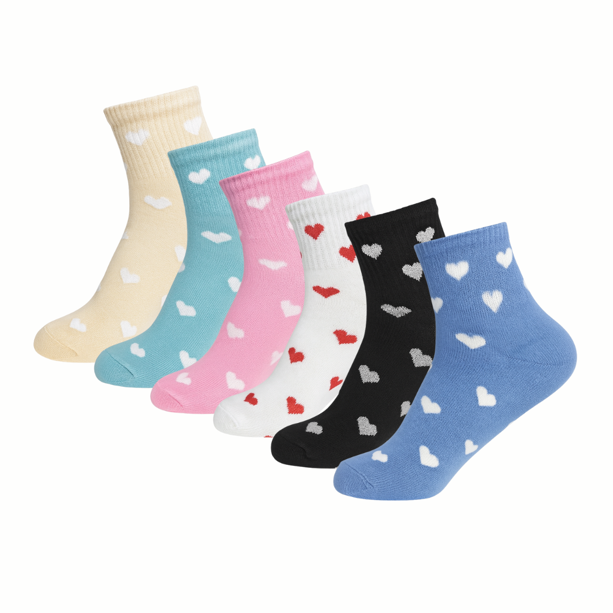 Cozy Heart Print Ankle Socks (6-Pack) - Pastel & Black Assortment