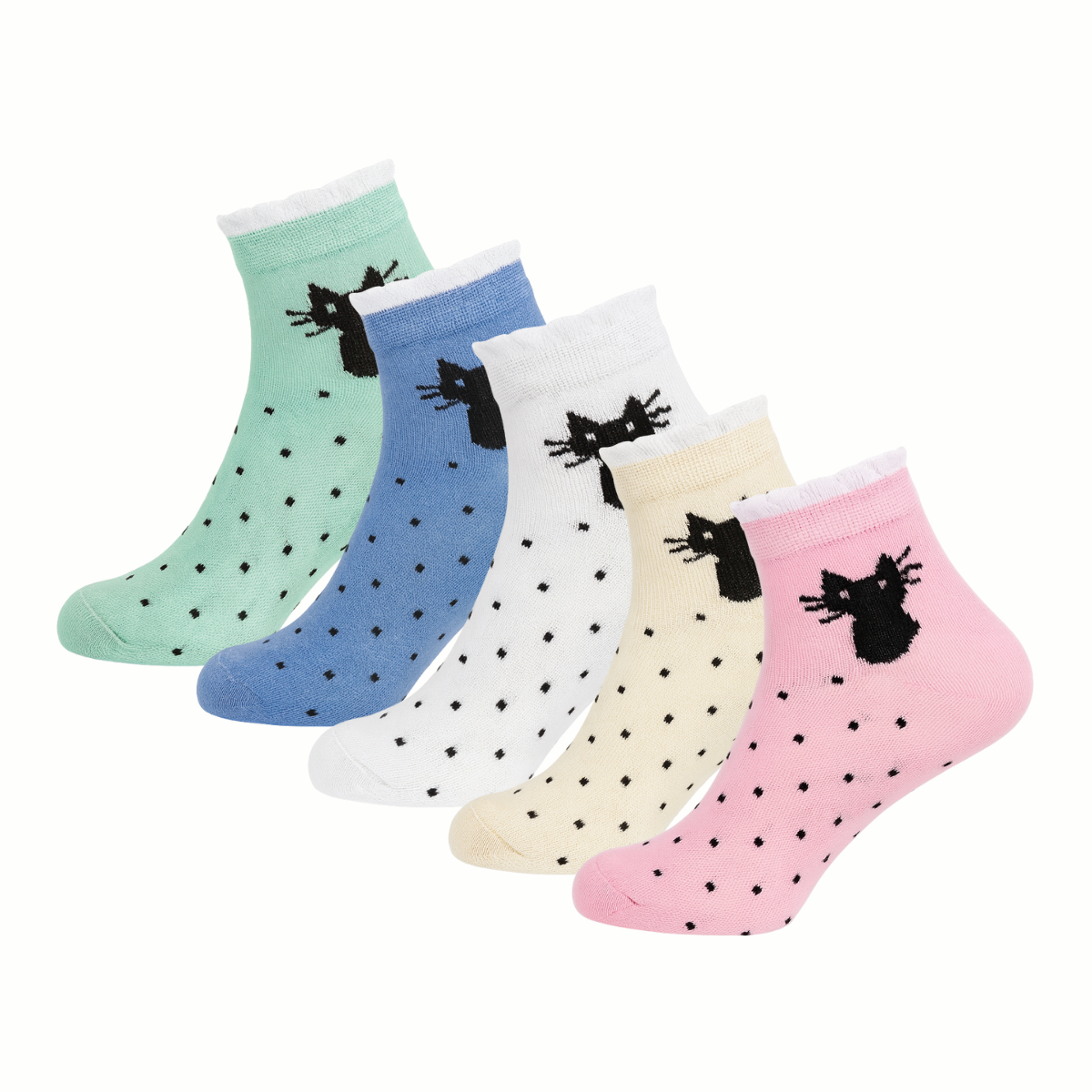 Cute Cat & Polka Dot Ankle Socks (5-Pack) - Pastel Assortment