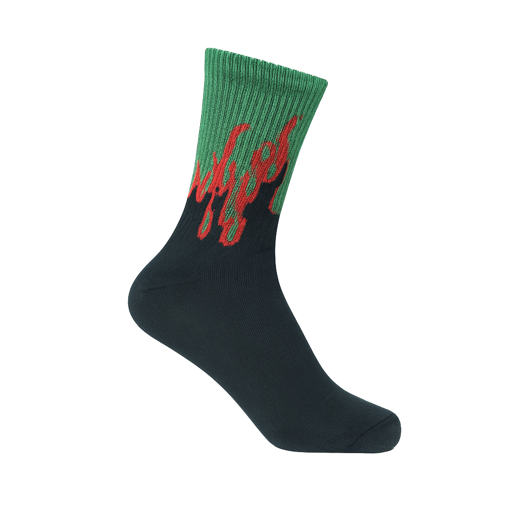 Inferno Blaze Crew Socks Black-Green | Streetwear Flame Design