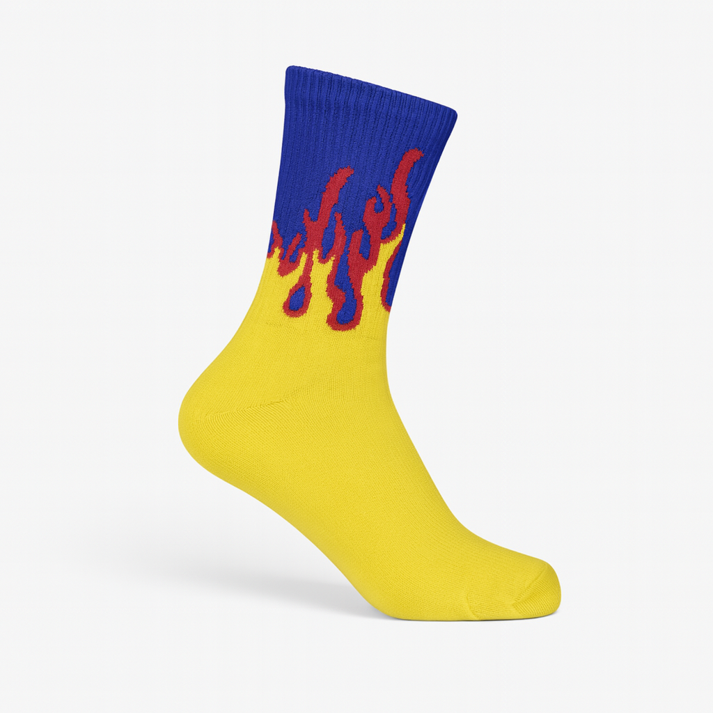 Inferno Blaze Crew Socks Yellow-Blue | Streetwear Flame Design