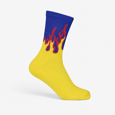 Inferno Blaze Crew Socks Yellow-Blue | Streetwear Flame Design
